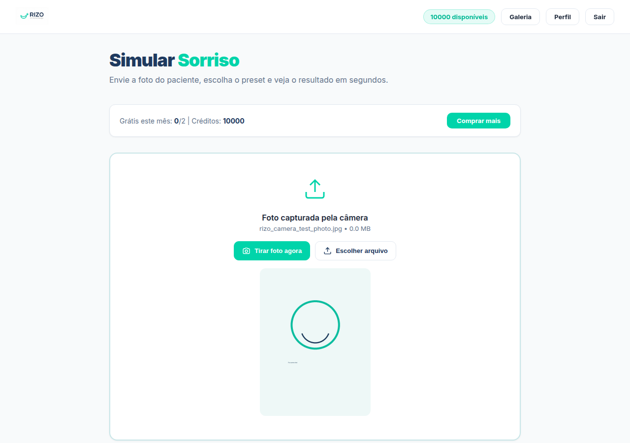Tela do Rizo AI com upload de foto e créditos disponíveis