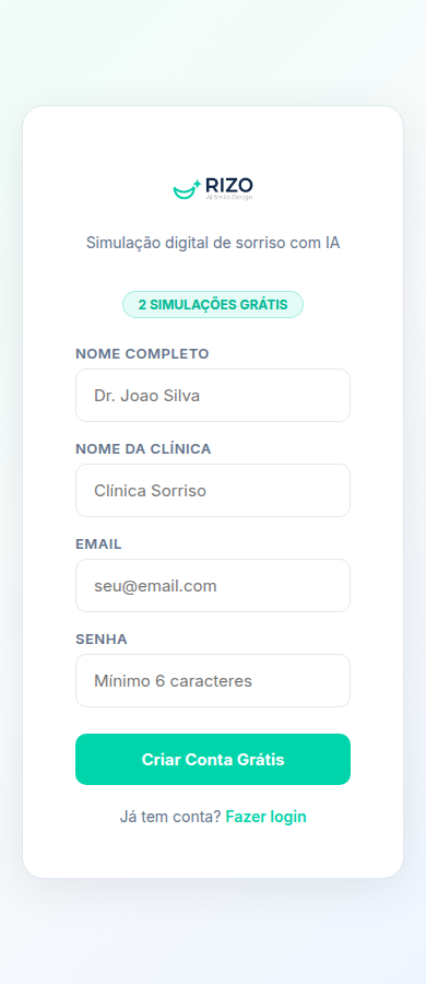 Tela mobile de cadastro do Rizo AI